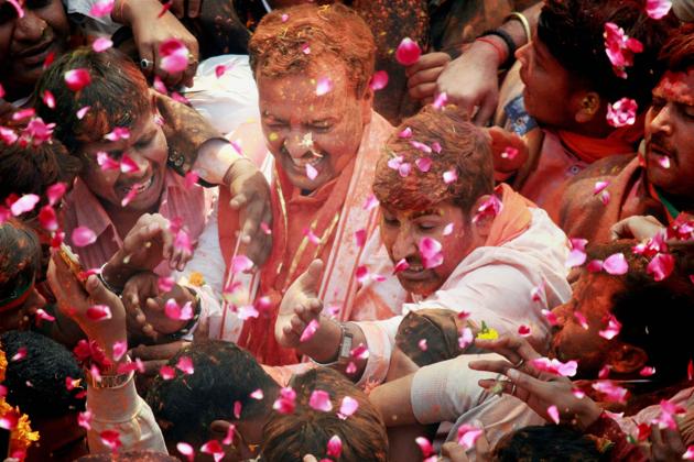 UP BJP President Keshav Prasad Maurya celebrates with his workers after the victory in the assembly elections. (Nand Kumar / PTI) UP BJP President Keshav Prasad Maurya celebrates with his workers after the victory in the assembly elections. (Nand Kumar / PTI)
