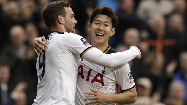 Tottenham Hotspur's Heung-Min Son celebrates with Vincent Janssen, left, after scoring his third goal against Millwall in FA Cup. (AP) Tottenham Hotspur's Heung-Min Son celebrates with Vincent Janssen, left, after scoring his third goal against Millwall in FA Cup. (AP)
