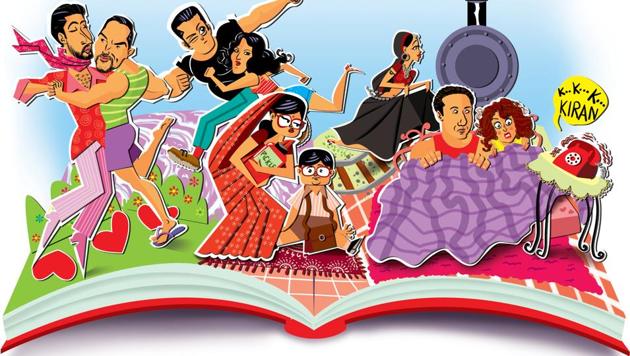 Things you can expect to see in Bollywood fan fiction: Dostana ending in a wedding, Sallu and Katrina on the run again, Bob Biswas’s mom, a sequel to Darr, and the backstory of that girl on the train in ‘Chaiyya chaiyya’.(Siddhant Jumde / HT Illustration)