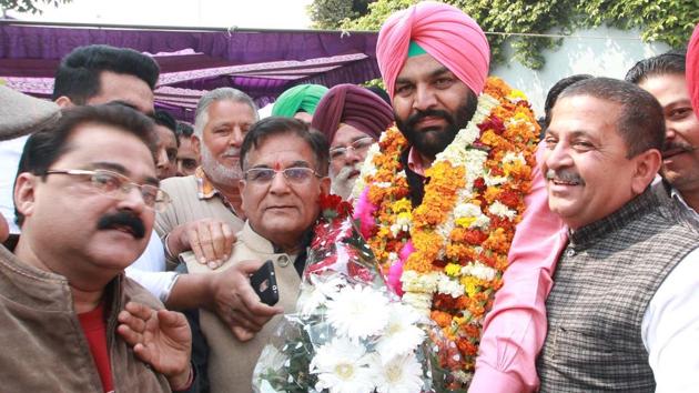 Gurjit Singh Ajula celebrating his victory in Amritsar on Saturday. (Gurpreet Singh)