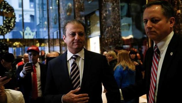 Preet Bharara, the US Attorney for the southern district of New York, departs after speaking to the press following his meeting with Donald Trump, then the US President-elect, at Trump Tower in New York on November 30.(Reuters file)