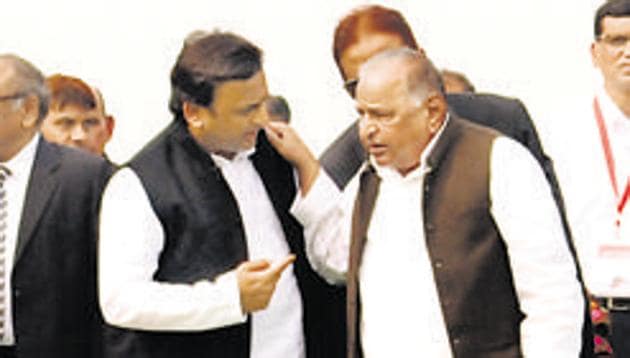 File photo of Akhilesh Yadav and Mulayam Singh Yadav at the start of trial run of Lucknow metro in Lucknow India in December 2016.(HT Photo) File photo of Akhilesh Yadav and Mulayam Singh Yadav at the start of trial run of Lucknow metro in Lucknow India in December 2016.(HT Photo)
