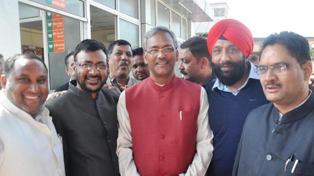 BJP leader and Doiwala MLA Trivendra Singh Rawat at the party office in Dehradun on Tuesday. (Vinay Santosh Kumar/HT Photo) BJP leader and Doiwala MLA Trivendra Singh Rawat at the party office in Dehradun on Tuesday. (Vinay Santosh Kumar/HT Photo)
