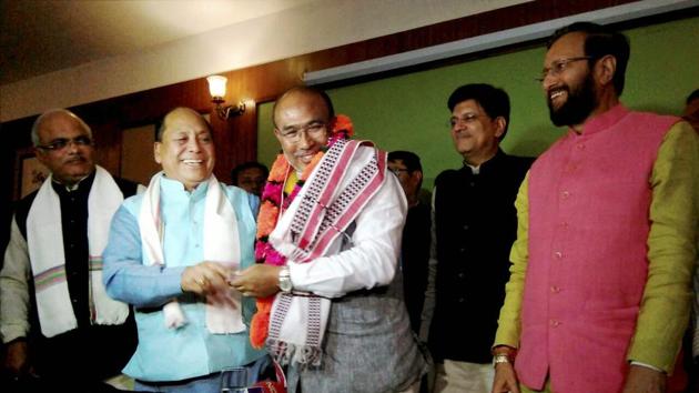 N Biren Singh is greeted after he was elected at BJP legislature party leader in Imphal.(PTI File Photo)