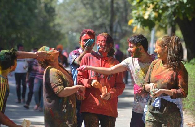 Holi celebrations in Chandigarh. (HT Photo)