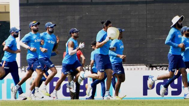 Indian players warm-up as they prepare to take on Australia in the third Test in Ranchi. (PTI) Indian players warm-up as they prepare to take on Australia in the third Test in Ranchi. (PTI)