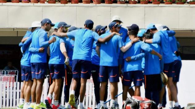 Indian team in the huddle as they prepare to warm-up. (PTI) Indian team in the huddle as they prepare to warm-up. (PTI)