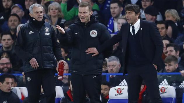 Manchester United manager Jose Mourinho and Chelsea manager Antonio Conte clash as the fourth official Mike Jones looks on during the FA Cup quarterfinal at Stamford Bridge on Monday. (REUTERS) Manchester United manager Jose Mourinho and Chelsea manager Antonio Conte clash as the fourth official Mike Jones looks on during the FA Cup quarterfinal at Stamford Bridge on Monday. (REUTERS)