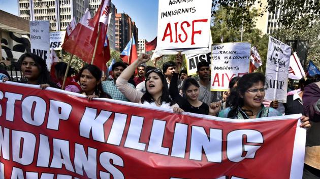 Activists of the All India Students’ Federation (AISF) protest outside the American Centre in Delhi after the killing of Srinivas Kuchibhotla, the 32-year-old Indian engineer who was recently shot dead in Kansas, United States.(Raj K Raj/HT PHOTO)