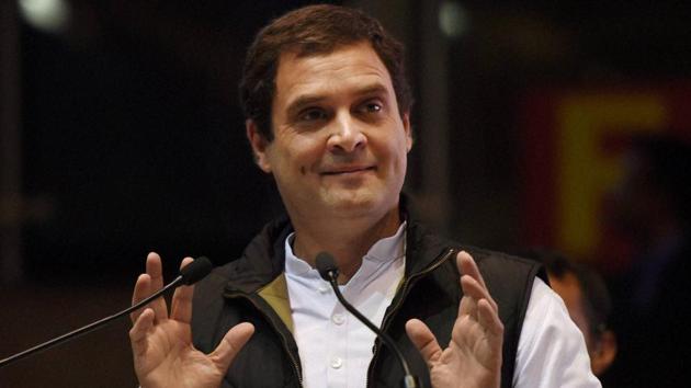 Congress vice-president Rahul Gandhi addresses a party event in New Delhi on Wednesday. Gandhi said democracy was being undermined in Manipur and Goa by the BJP.(PTI)