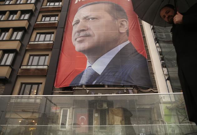 A poster of Turkish President Recep Tayyip Erdogan in central Istanbul's Taksim Square. Erdogan has accused the Netherlands of “state terror”, amid their growing diplomatic spat. (AP) A poster of Turkish President Recep Tayyip Erdogan in central Istanbul's Taksim Square. Erdogan has accused the Netherlands of “state terror”, amid their growing diplomatic spat. (AP)