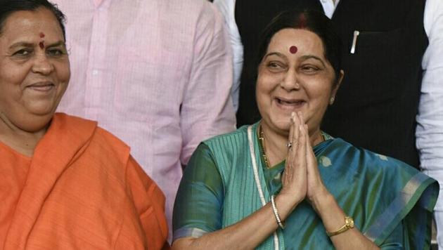 Union minister Sushma Swaraj outside Parliament on Wednesday. She spoke for the first time on the growing racist attacks on foreigners.(Sonu Mehta/Hindustan Times)