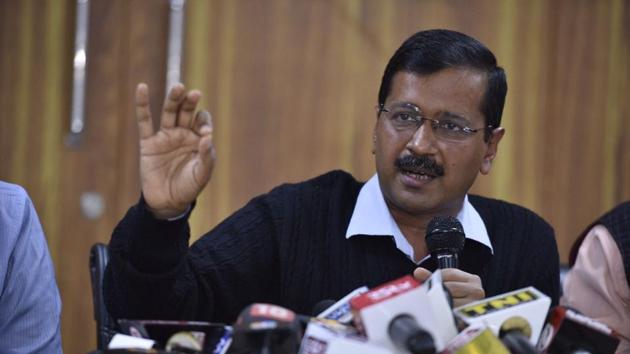 Arvind Kejriwal addressing a press conference on EVM tampering issue in New Delhi on Wednesday.(Arun Sharma/Hindustan Times)