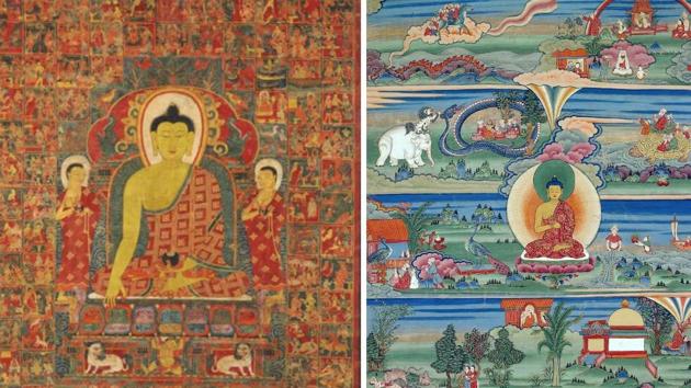 On left: Thangka of Buddha with the One Hundred Jataka Tales in the background, Tibet, 13th-14th century; Bhutanese painted thangka of the Jatakas, 18th-19th Century, Phajoding Gonpa, Thimphu, Bhutan(Wikimedia Commons)