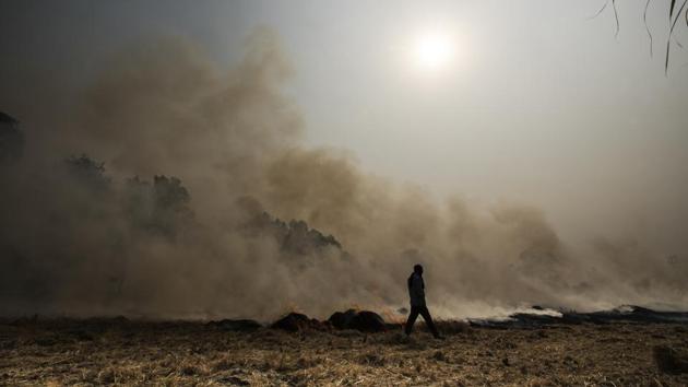Air pollution due to burning paddy crop in Haryana . Stubble burning is a major contributor of particulate matter to Delhi’s air. (Ravi Choudhary/HT Photo) Air pollution due to burning paddy crop in Haryana . Stubble burning is a major contributor of particulate matter to Delhi’s air. (Ravi Choudhary/HT Photo)