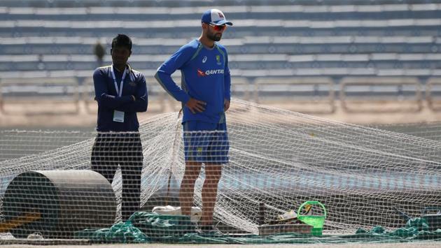 The favourite ‘workout’ for Australia cricket team was staring longingly at the Ranchi Pitch on Wednesday. Nathan Lyon, their spin spearhead would be hoping the wicket offers him turn like it did in the first two matches. (REUTERS) The favourite ‘workout’ for Australia cricket team was staring longingly at the Ranchi Pitch on Wednesday. Nathan Lyon, their spin spearhead would be hoping the wicket offers him turn like it did in the first two matches. (REUTERS)