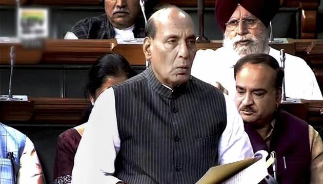 Union home minister Rajnath Singh speaks in the Lok Sabha in New Delhi on Tuesday.(PTI) Union home minister Rajnath Singh speaks in the Lok Sabha in New Delhi on Tuesday.(PTI)