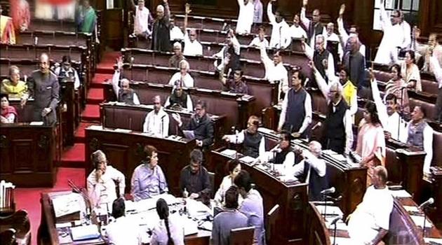 Opposition members protest in the Rajya Sabha in New Delhi on March 15. (PTI Photo) Opposition members protest in the Rajya Sabha in New Delhi on March 15. (PTI Photo)