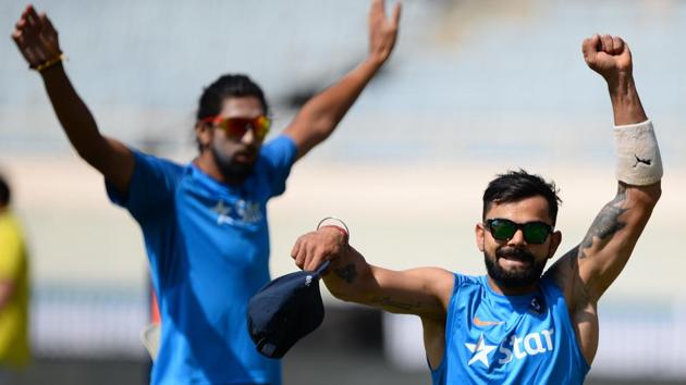 Virat Kohli gestures during a training session ahead of the third India vs Australia cricket Test at the Jharkhand State Cricket Association (JSCA) Stadium complex in Ranchi(AFP)