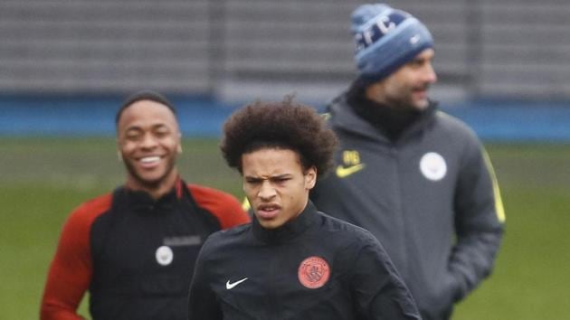 Manchester City manager Pep Guardiola, Raheem Sterling, Leroy Sane during training ahead of their match against AS Monaco. (REUTERS) Manchester City manager Pep Guardiola, Raheem Sterling, Leroy Sane during training ahead of their match against AS Monaco. (REUTERS)