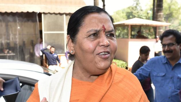 Cabinet minister for water resources, river development and Ganga rejuvenation Uma Bharti at Parliament during the second leg of budget session in New Delhi, India, on March 14.(Mohd Zakir/HT PHOTO)
