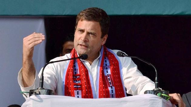 Congress vice president Rahul Gandhi addresses an election campaign rally ahead of the Manipur assembly polls, in Imphal.(PTI)