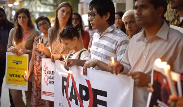 A protest against the rape of a girl at Hauz Khas village on February 21. As per latest crime statistics, one woman is raped every 12 hours in Delhi. (Ravi Choudhary/HT Photo) A protest against the rape of a girl at Hauz Khas village on February 21. As per latest crime statistics, one woman is raped every 12 hours in Delhi. (Ravi Choudhary/HT Photo)