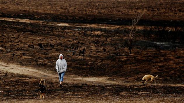 Rancher Nancy Schwerzenbach walks with dogs through pasture burned by wildfires near Lipscomb, Texas, U.S. (Lucas Jackson / REUTERS)