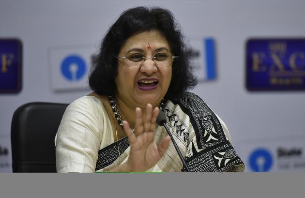 SBI Chairman Arundhati Bhattacharya during the Press Conference at SBI Parliament Street in New Delhi.(Ravi Choudhary/HT PHOTO)