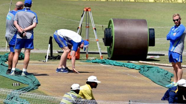Australia cricket team captain Steve Smith inspects the pitch on Wednesday, a day before the third Test vs India cricket team in Ranchi.(PTI) Australia cricket team captain Steve Smith inspects the pitch on Wednesday, a day before the third Test vs India cricket team in Ranchi.(PTI)