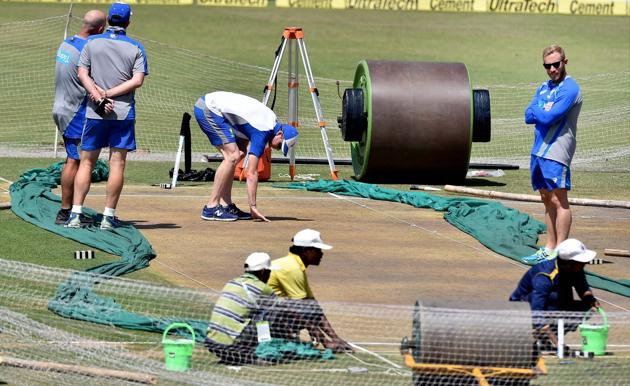 Australia captain team Steve Smith had a long inspection session of the Ranchi pitch too, before heading off to knock the ball around in the nets. With the pitches of the first two matches creating problems for batsmen from both sides, the hope is that the third Test wicket will last five days. (PTI) Australia captain team Steve Smith had a long inspection session of the Ranchi pitch too, before heading off to knock the ball around in the nets. With the pitches of the first two matches creating problems for batsmen from both sides, the hope is that the third Test wicket will last five days. (PTI)