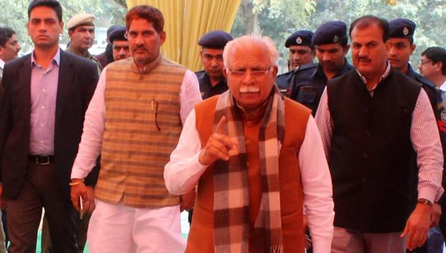 Haryana chief minister Manohar Lal Khattar arrives for a BJP meeting. (HT FILE PHOTO) Haryana chief minister Manohar Lal Khattar arrives for a BJP meeting. (HT FILE PHOTO)