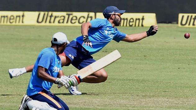 Close-in fielding was another area where India cricket team worked on during training session in Ranchi on Wednesday. Ajinkya Rahane, a regular at the slips, was given a thorough workout ahead of the third Test vs Australia cricket team. (PTI) Close-in fielding was another area where India cricket team worked on during training session in Ranchi on Wednesday. Ajinkya Rahane, a regular at the slips, was given a thorough workout ahead of the third Test vs Australia cricket team. (PTI)