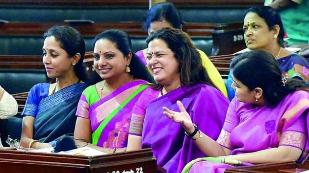 Women MPs Supriya Sule, K. Kavita, Meenakshi Lekhi and Pankaja Munde during the valedictory session of the National Conference of Women Legislators, at the Central Hall of Parliament in New Delhi on Sunday.(PTI Photo) Women MPs Supriya Sule, K. Kavita, Meenakshi Lekhi and Pankaja Munde during the valedictory session of the National Conference of Women Legislators, at the Central Hall of Parliament in New Delhi on Sunday.(PTI Photo)