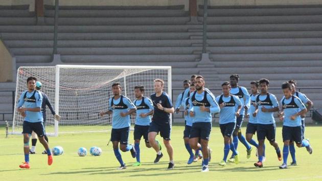 Indian football team during a practice session ahead of the Asia Cup qualifiers. (AIFF) Indian football team during a practice session ahead of the Asia Cup qualifiers. (AIFF)