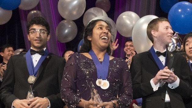 Indian-American teenager, Indrani Das (c), won the top, $250,000 prize in the prestigious Regeneron Science Talent Search competition for her research on treating brain injuries and diseases. (Twitter Photo) Indian-American teenager, Indrani Das (c), won the top, $250,000 prize in the prestigious Regeneron Science Talent Search competition for her research on treating brain injuries and diseases. (Twitter Photo)