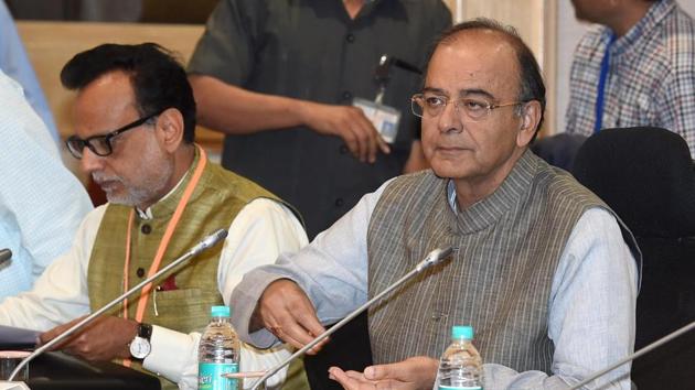 Finance minister Arun Jaitley at the GST Council Meeting at Vigyan Bhawan in New Delhi on Thursday.(PTI) Finance minister Arun Jaitley at the GST Council Meeting at Vigyan Bhawan in New Delhi on Thursday.(PTI)