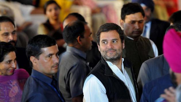 Congress party vice-president Rahul Gandhi during Capt. Amarinder Singh’s oath ceremony.  (Keshav Singh/HT Photo) 