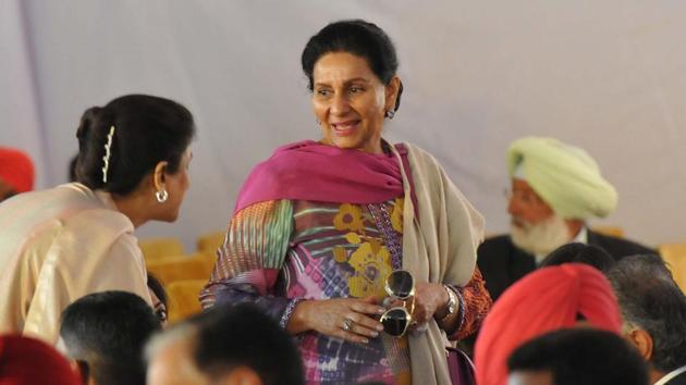Capt Amarinder’s wife and former Union minister Preneet Kaur during his oath ceremony in Chandigarh on Thursday. (Keshav Singh/HT) 