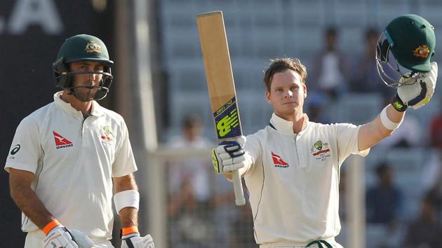 Steve Smith of Australia celebrates with Glenn Maxwell (L) after reaching his century against India on Day 1 of the Ranchi Test. (BCCI)