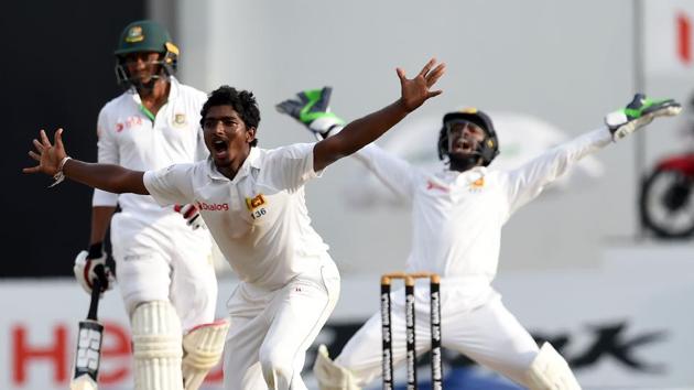 Lakshan Sandakan picked up 3/65 as Bangladesh slipped to 214/5 at stumps on day 2 versus Sri Lanka. Get full cricket score of day 2 between Sri Lanka vs Bangladesh here. (AFP) Lakshan Sandakan picked up 3/65 as Bangladesh slipped to 214/5 at stumps on day 2 versus Sri Lanka. Get full cricket score of day 2 between Sri Lanka vs Bangladesh here. (AFP)
