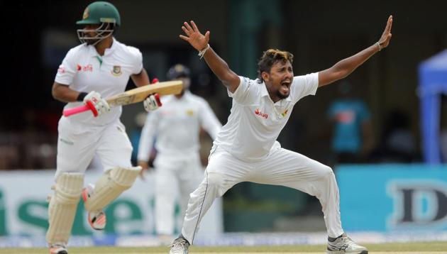 Sri Lanka's Suranga Lakmal unsuccessfully appeals for the wicket of Bangladesh batsman Tamim Iqbal on day two of the second Test in Colombo, Thursday. Bangladesh are playing their 100th Test. (AP) Sri Lanka's Suranga Lakmal unsuccessfully appeals for the wicket of Bangladesh batsman Tamim Iqbal on day two of the second Test in Colombo, Thursday. Bangladesh are playing their 100th Test. (AP)