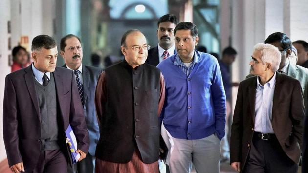 Finance minister Arun Jaitley with his officials (HT photo) Finance minister Arun Jaitley with his officials (HT photo)