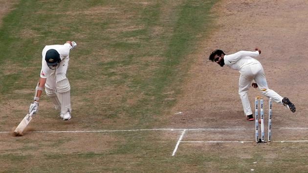 Ravindra Jadeja of India cricket team runs out Australia cricket team's Josh Hazlewood (left) during Day 2 of the third Test in Ranchi on Friday.(REUTERS)