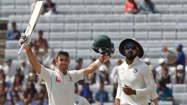 Glenn Maxwell of Australia celebrates after reaching his century against India in Ranchi. (BCCI)