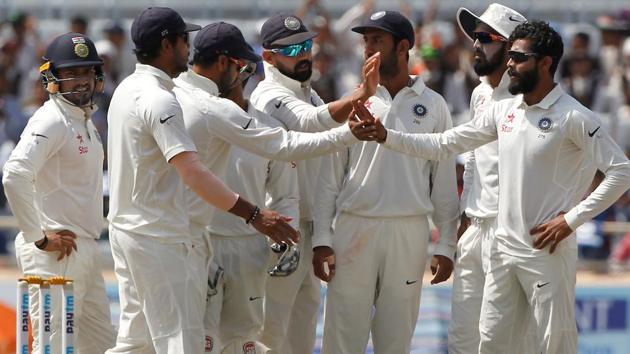 Ravindra Jadeja of India celebrates after taking the wicket of Matthew Wade. (BCCI)