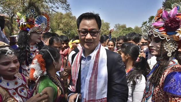 Union Minister of State for Home Affairs Kiren Rijiju arrives for the inauguration of Rashtriya Ekta Shivir at Gandhi Smriti Darshan Samiti. (Raj K Raj/HT PHOTO)