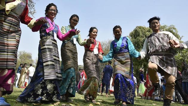 Artists from Sikkim practice before the final performance at the inauguration of Rashtriya Ekta Shivir (National Integration Camp) at Rajghat. (Raj K Raj/HT PHOTO)