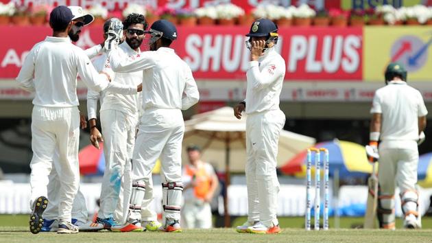 Ravindra Jadeja of India celebrates the wicket of Glenn Maxwell. (BCCI)