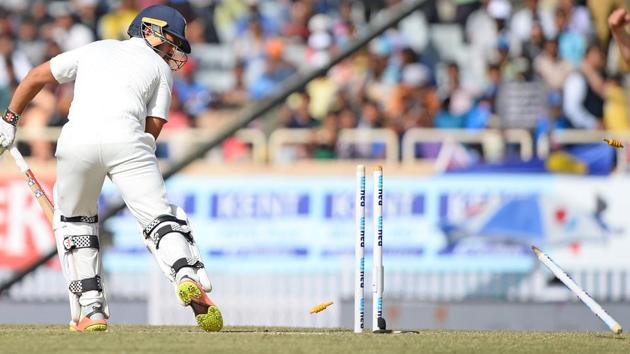 Indian batsman Karun Nair is bowled out by Australian bowler Josh Hazlewood. (AFP) 